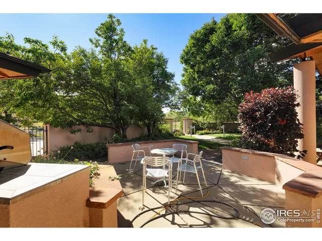 a view of backyard with table and chairs and potted plants