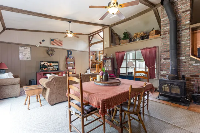 a view of a dining room with furniture
