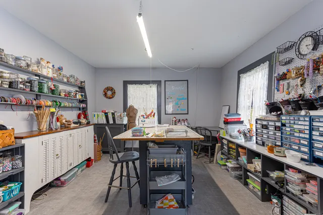 a view of a dining room with furniture