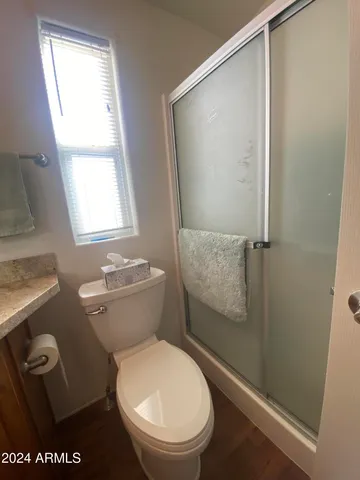 a bathroom with a toilet and a shower