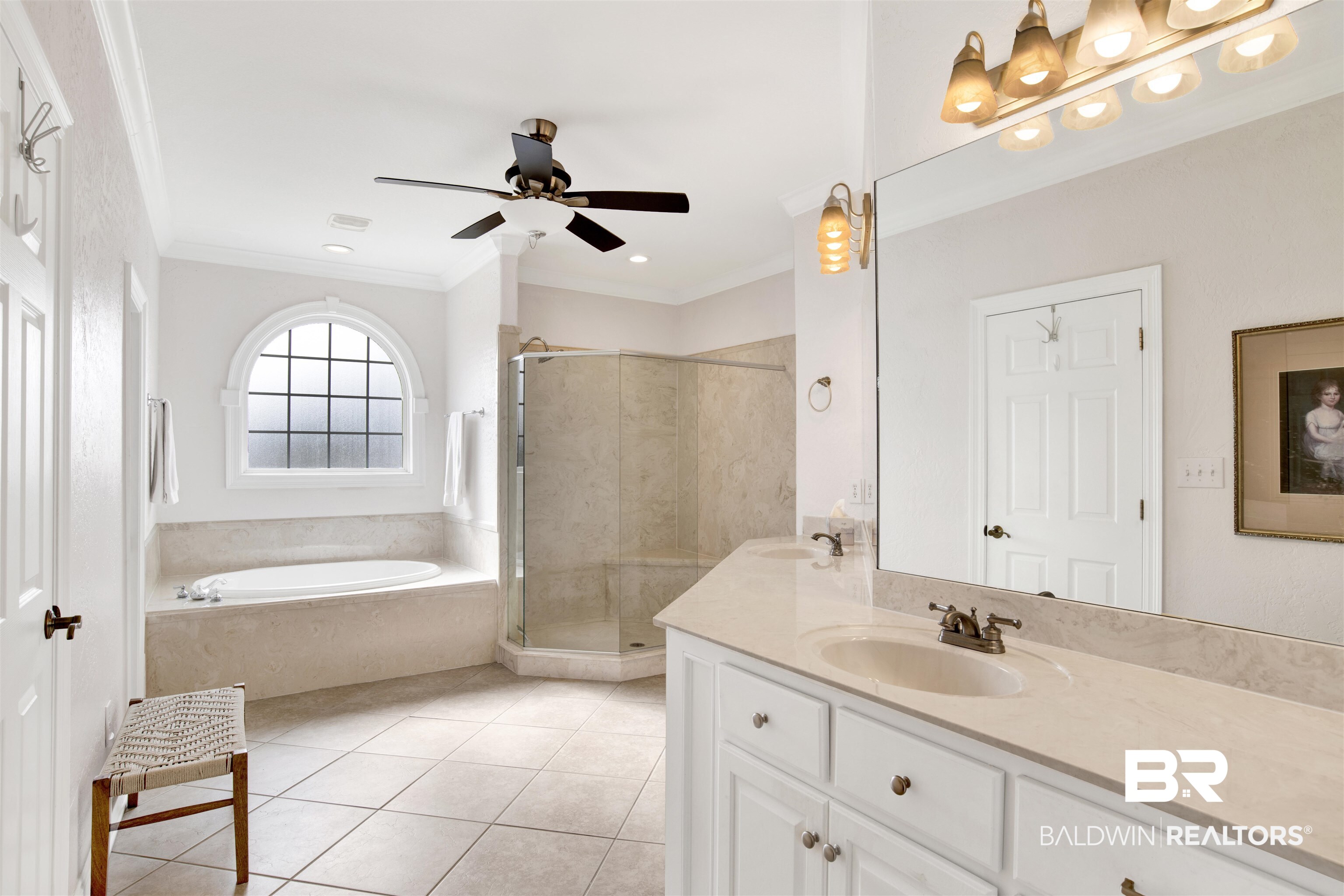 31295 River Road Orange Beach, AL 36561 - Photo 21 of 58 Bathroom featuring tile patterned flooring, vanity, independent shower and bath, and ornamental molding