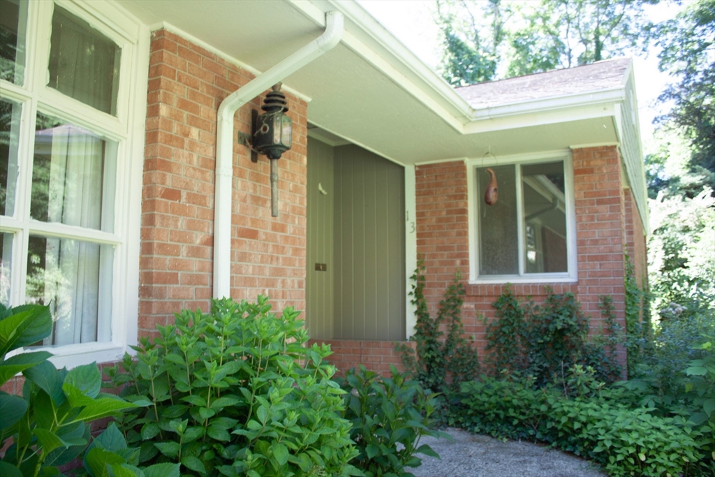 a view of a house with potted plants and a large window