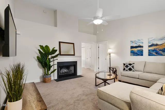 a living room with furniture a fireplace and a potted plant