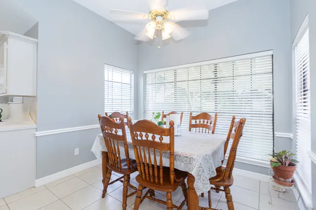 a view of a dining room with furniture window and outside view