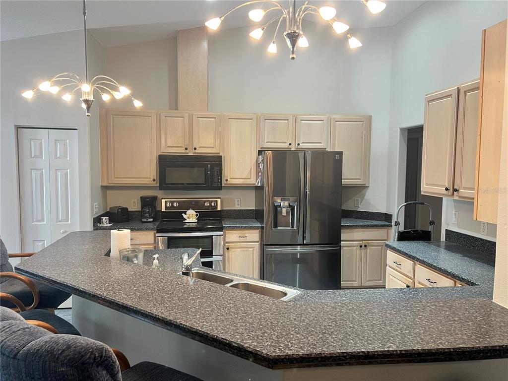 1995 East Newhaven Street Inverness, FL 34453 - Photo 10 of 48 a kitchen with granite countertop a refrigerator a stove a oven a sink dishwasher with a dining table and chairs