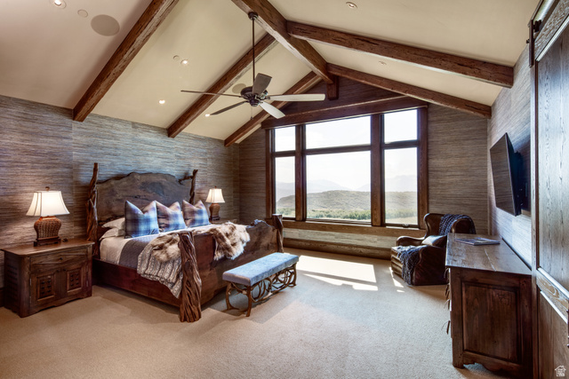2322 North Westward Ho Road Heber City, UT 84036 - Photo 23 of 54 Bedroom with light carpet, wallpapered walls, ceiling fan, and beam ceiling