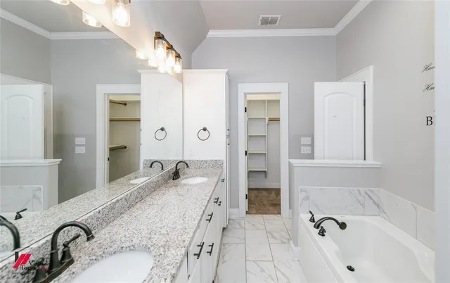 a bathroom with a granite countertop tub sink and mirror