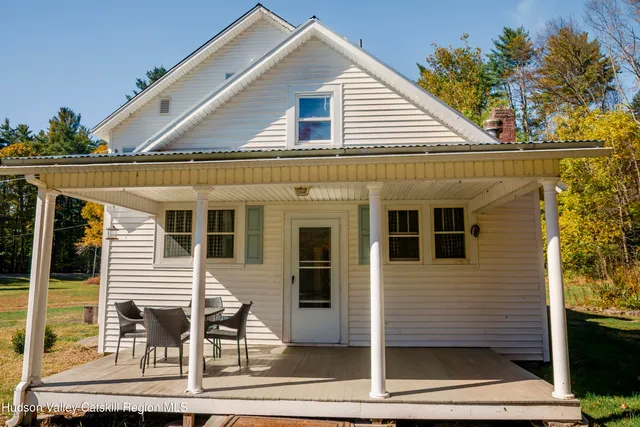 a view of a lush green field with a mountain in the background