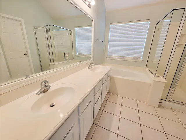 a bathroom with a sink a tub and a mirror