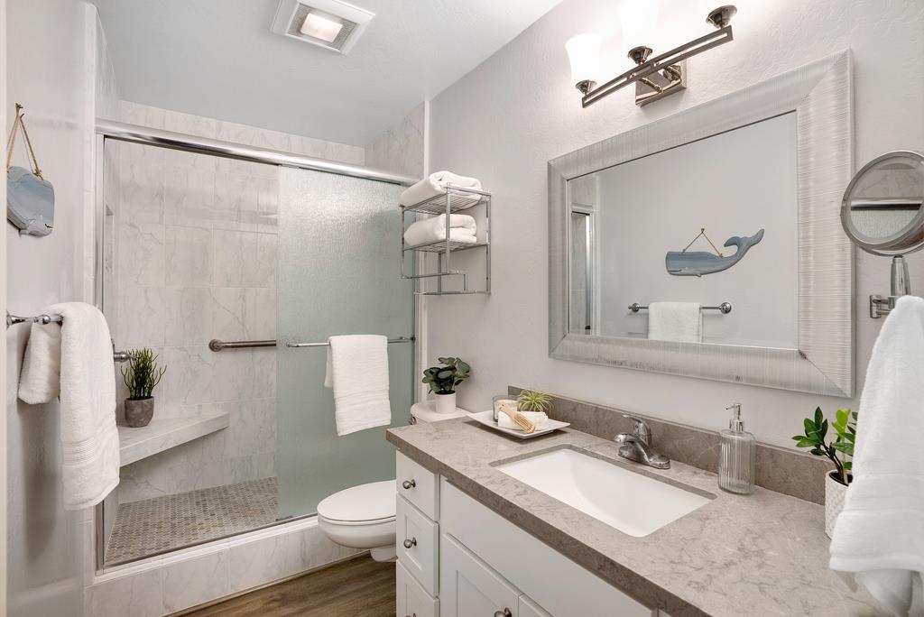 101 Shell Road, Unit 248 Watsonville, CA 95076 - Photo 18 of 28 a bathroom with a granite countertop sink toilet and shower