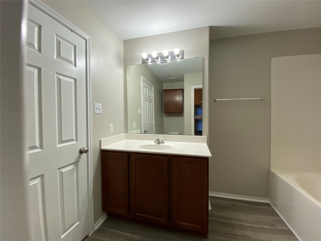 304 Azurite Drive Jarrell, TX 76537 - Photo 16 of 24 Bathroom featuring a tub to relax in, vanity, and dark wood finished floors