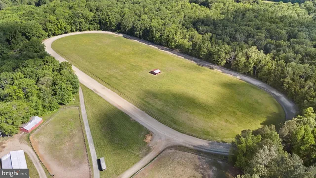 an aerial view of a residential houses with outdoor space and trees all around
