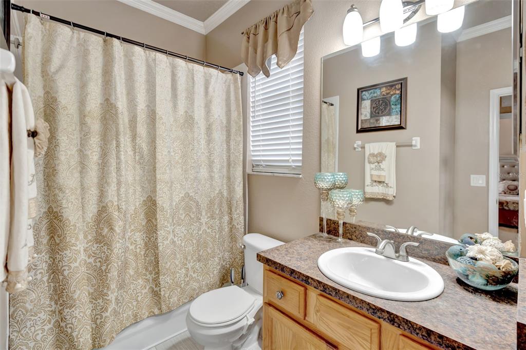 6932 Gray Catbird Loop Wesley Chapel, FL 33545 - Photo 14 of 25 a bathroom with a granite countertop sink toilet and a mirror