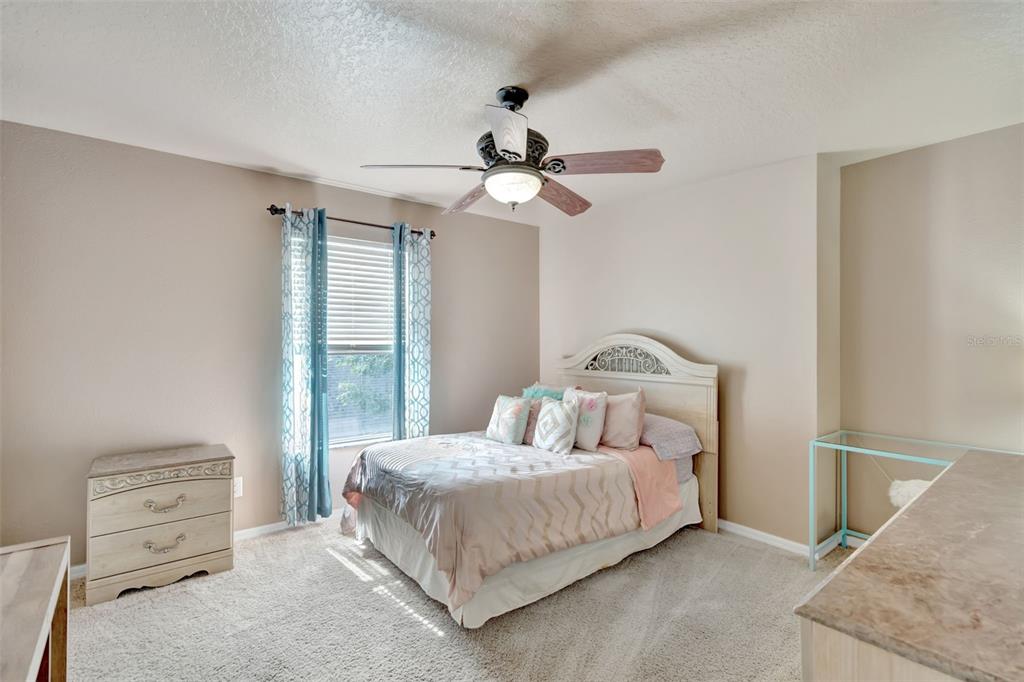 6932 Gray Catbird Loop Wesley Chapel, FL 33545 - Photo 17 of 25 a bedroom with a bed and a chandelier