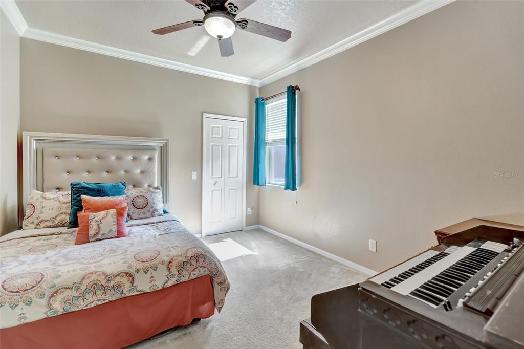 6932 Gray Catbird Loop Wesley Chapel, FL 33545 - Photo 18 of 25 a bedroom with a bed and a chandelier