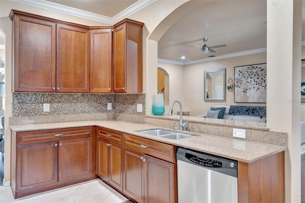6932 Gray Catbird Loop Wesley Chapel, FL 33545 - Photo 8 of 25 a kitchen with stainless steel appliances granite countertop a sink and dishwasher with wooden cabinets