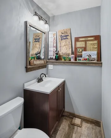 a bathroom with a sink mirror and toilet