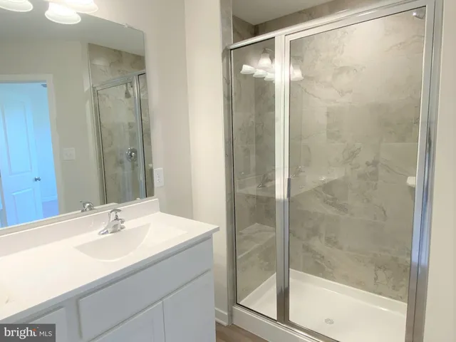 a bathroom with a shower sink and mirror