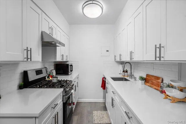 a kitchen with stainless steel appliances a sink stove top oven and cabinets