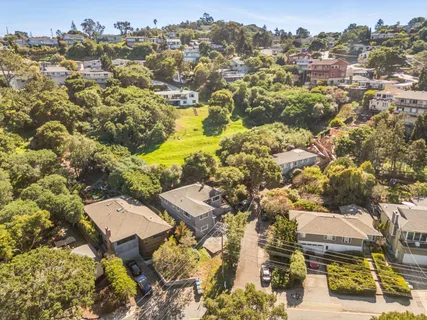 an aerial view of residential houses with outdoor space