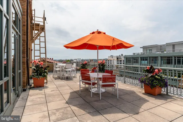 a view of a patio with chairs and potted plants
