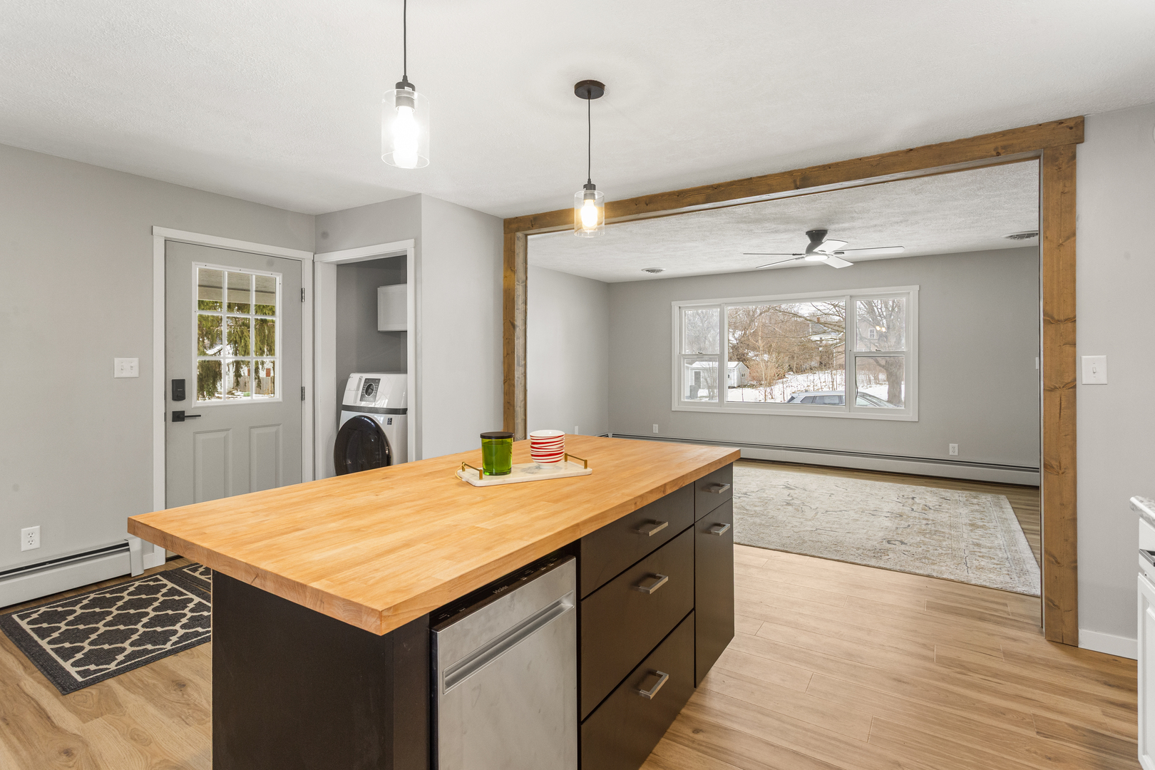 402 South Washington Street Saybrook, IL 61770 - Photo 10 of 24 a kitchen with a wooden floor and a refrigerator