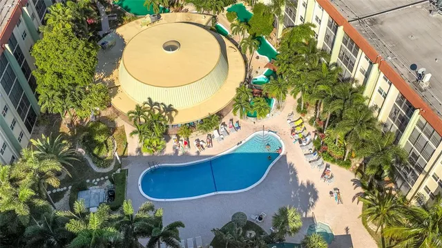 an aerial view of a swimming pool