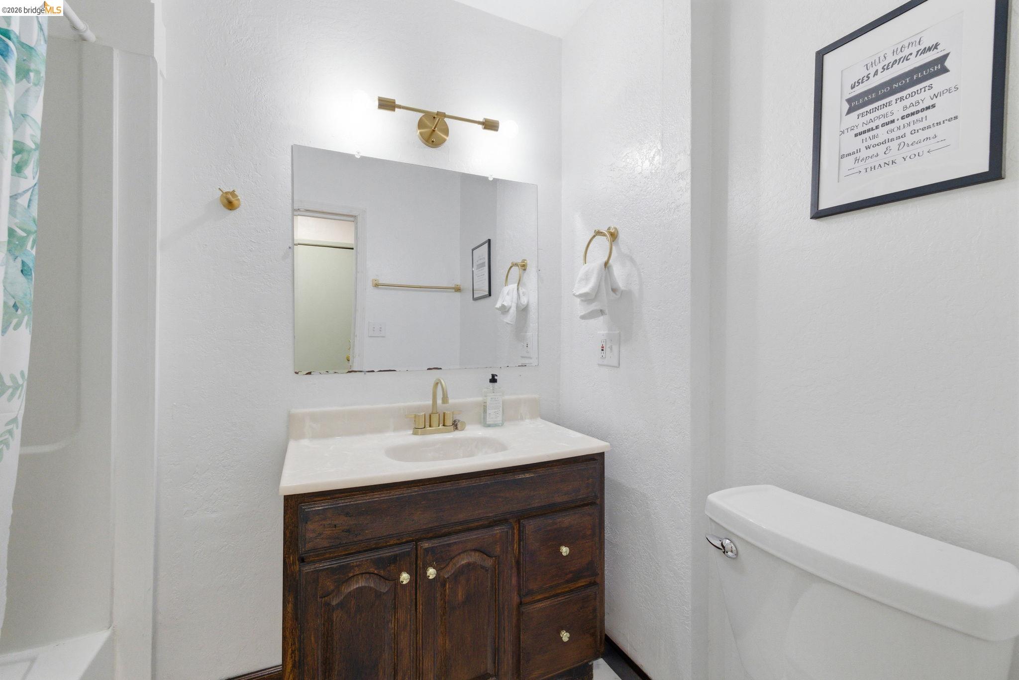 24189 South Fork Road Twain Harte, CA 95383 - Photo 25 of 34 a bathroom with a sink a toilet and a mirror