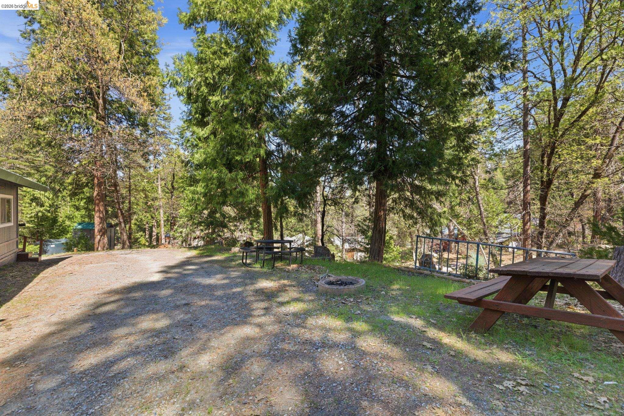 24189 South Fork Road Twain Harte, CA 95383 - Photo 26 of 34 a view of a backyard with a table and chairs under a large tree