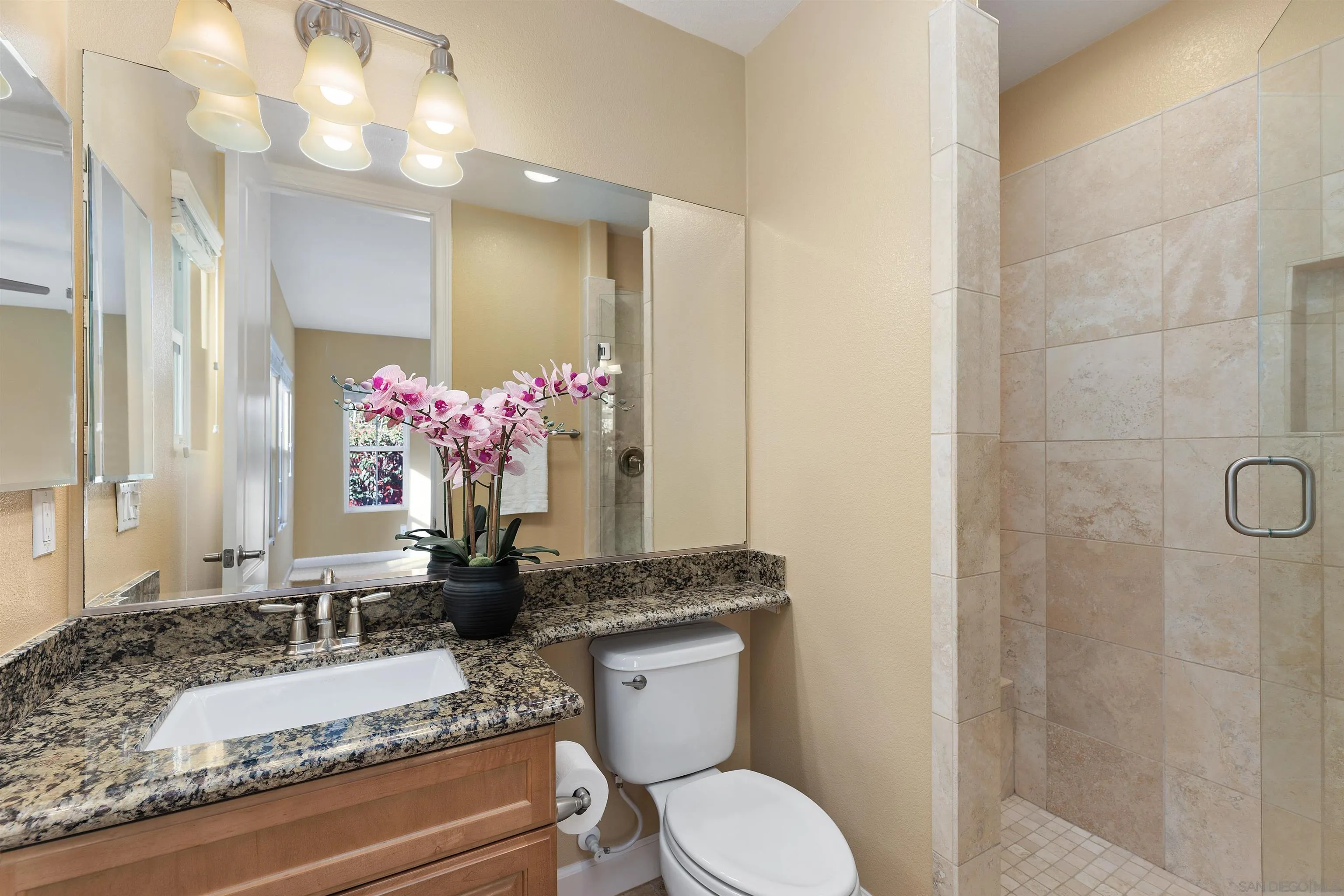 527 Quail Pointe Lane Encinitas, CA 92024 - Photo 32 of 46 a bathroom with a granite countertop sink mirror and a toilet