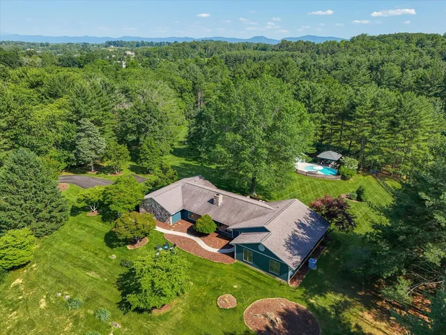 a view of a backyard with large trees