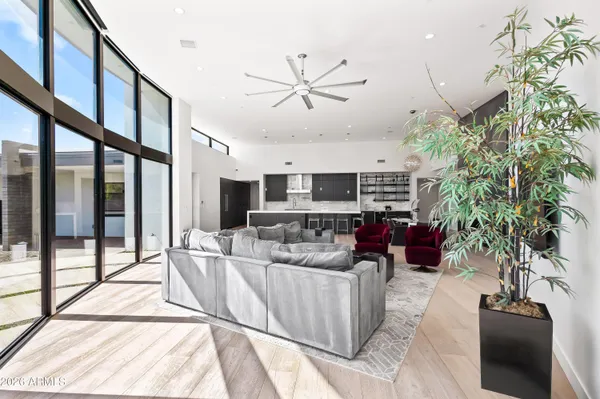 a living room with furniture a fireplace and a potted plant