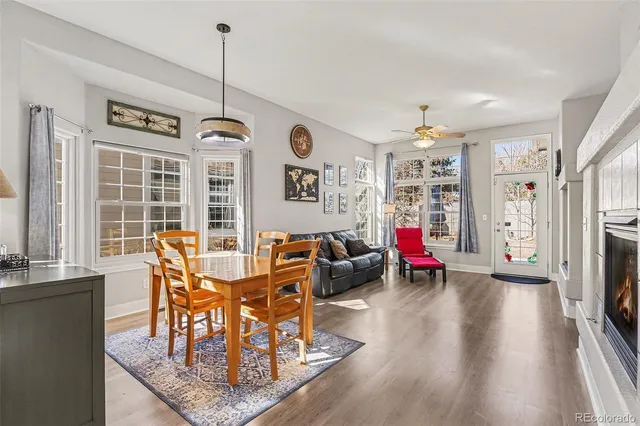 a view of a dining room with furniture window and outside view