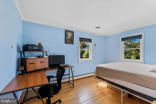 a bedroom with a workspace