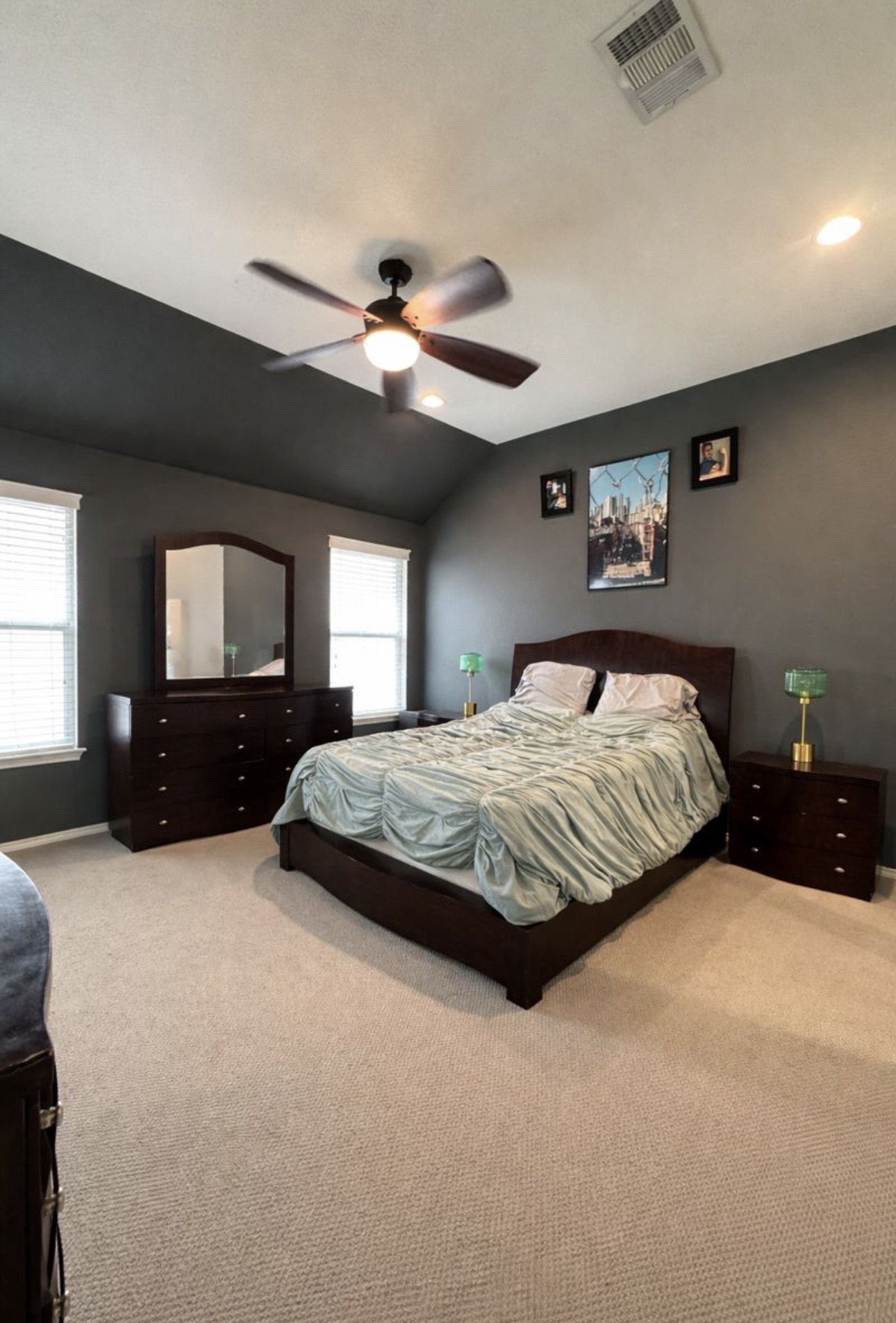 1052 Hot Spring Valley Buda, TX 78610 - Photo 14 of 36 Bedroom featuring light colored carpet, a ceiling fan, and vaulted ceiling