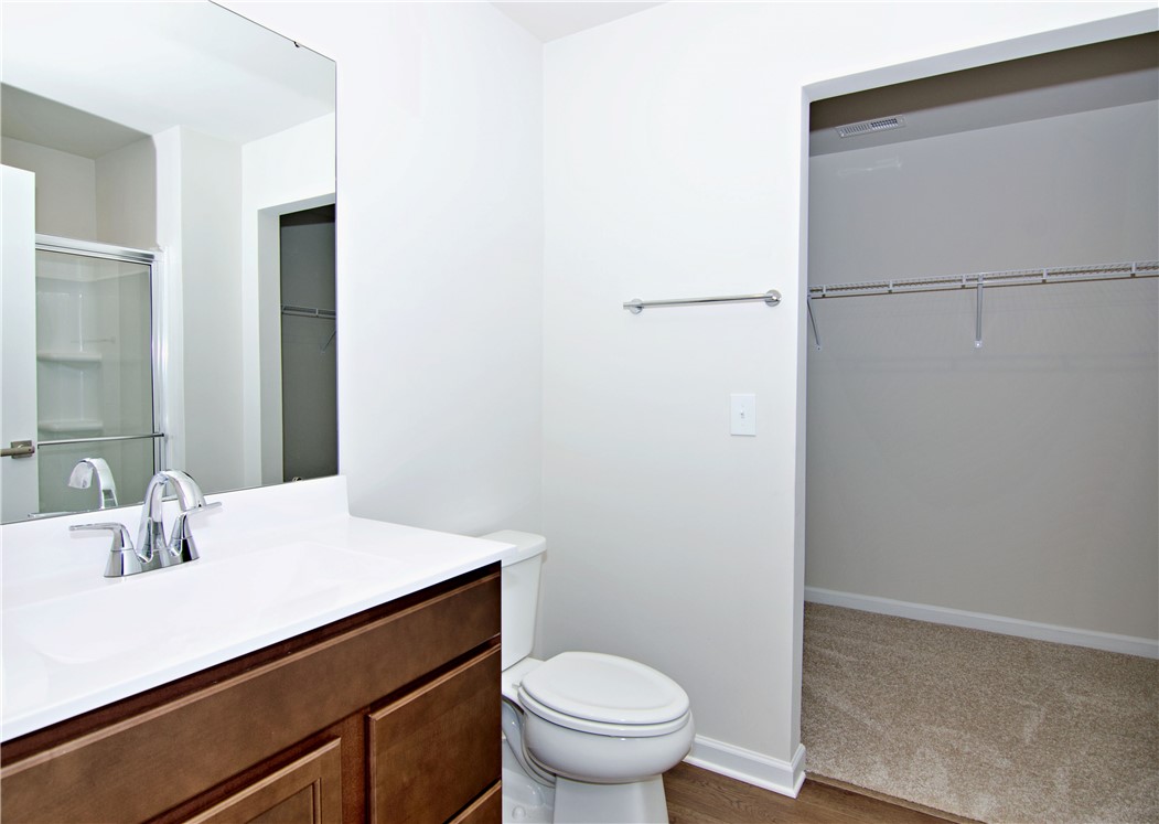 723 Peridot Way Westminster, SC 29693 - Photo 20 of 45 A well-appointed bathroom features a single vanity, a sleek glass shower, and an adjacent walk-in closet.