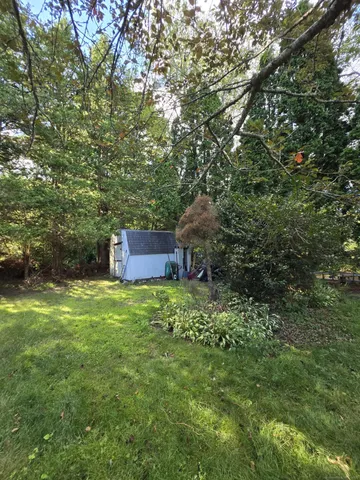 a backyard of a house with trees and plants