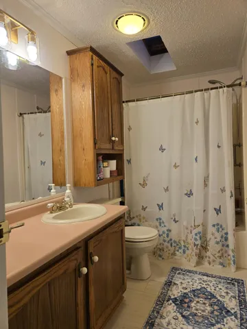 a bathroom with a double vanity sink toilet and a mirror