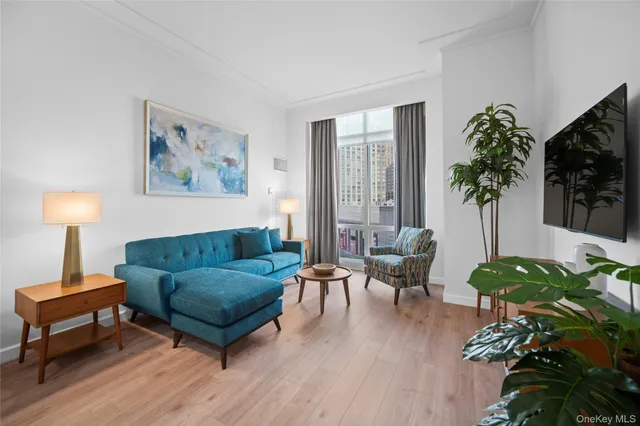 a living room with furniture and a potted plant