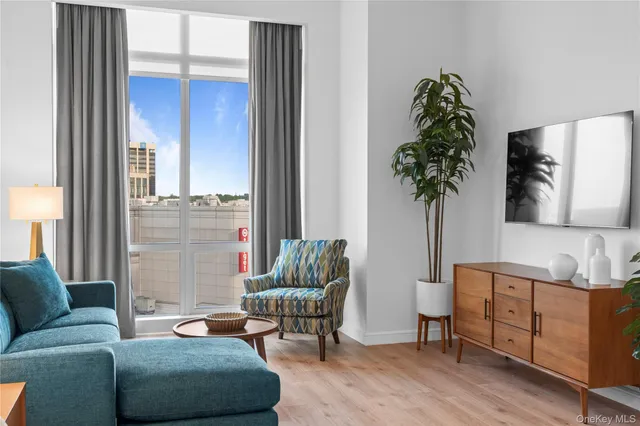 a living room with furniture and a potted plant