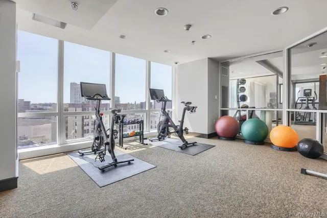 a room with gym equipment and floor to ceiling window