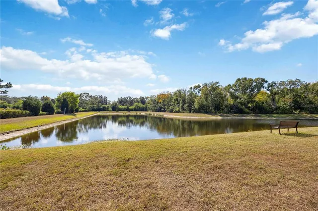 a view of a lake with houses in the back