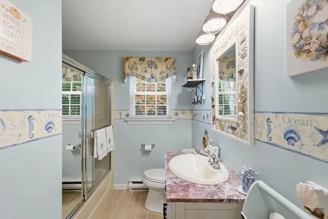 a bathroom with a sink a toilet and a mirror