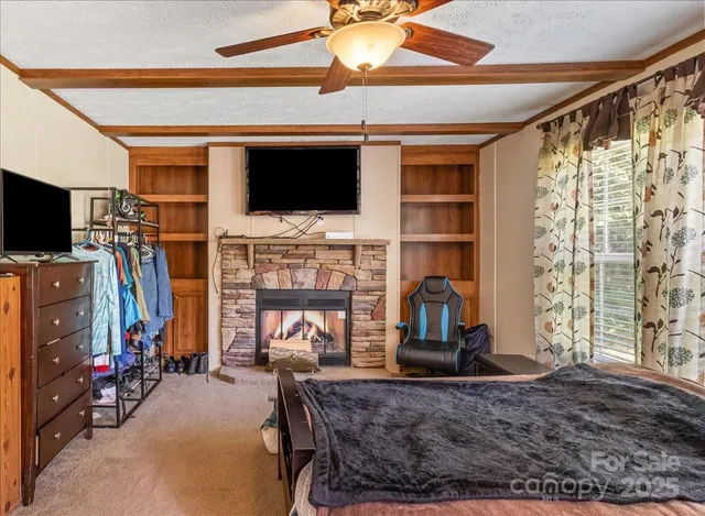 a living room with fireplace furniture and a flat screen tv
