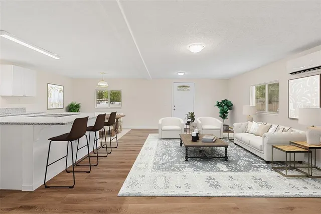a living room with furniture and a rug