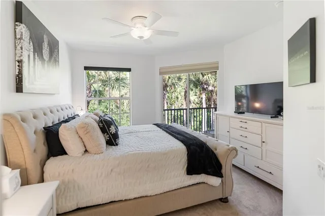 a bedroom with a bed and a flat tv screen on the dresser