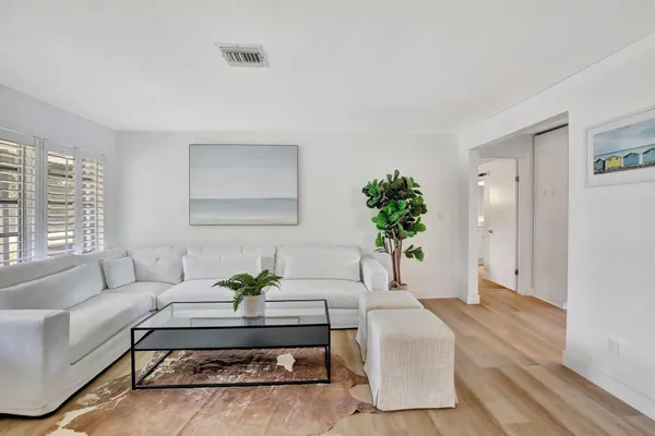 a living room with furniture potted plant and window