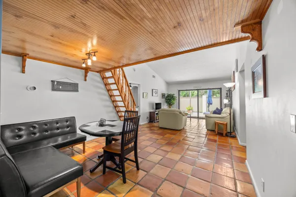 a view of a dining room with furniture