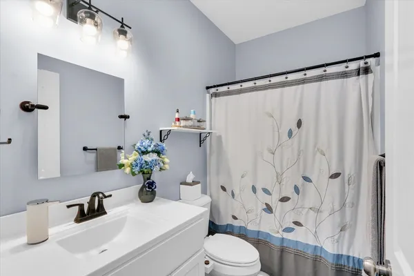 a bathroom with a sink a toilet and shower curtain