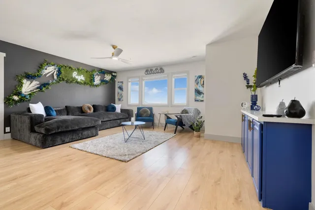 a view of a lake with a city